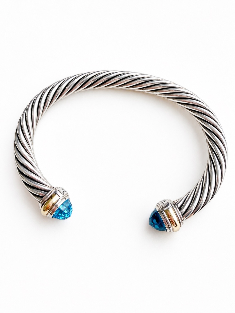 David Yurman 7mm Classic Cable Bracelet Blue Topaz 14K Gold Sterling Silver